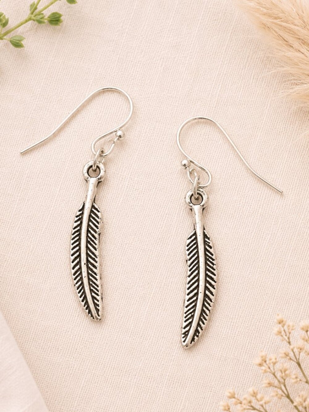 Antiqued Silver Etched Feather Dangle Earrings Boho Southwestern